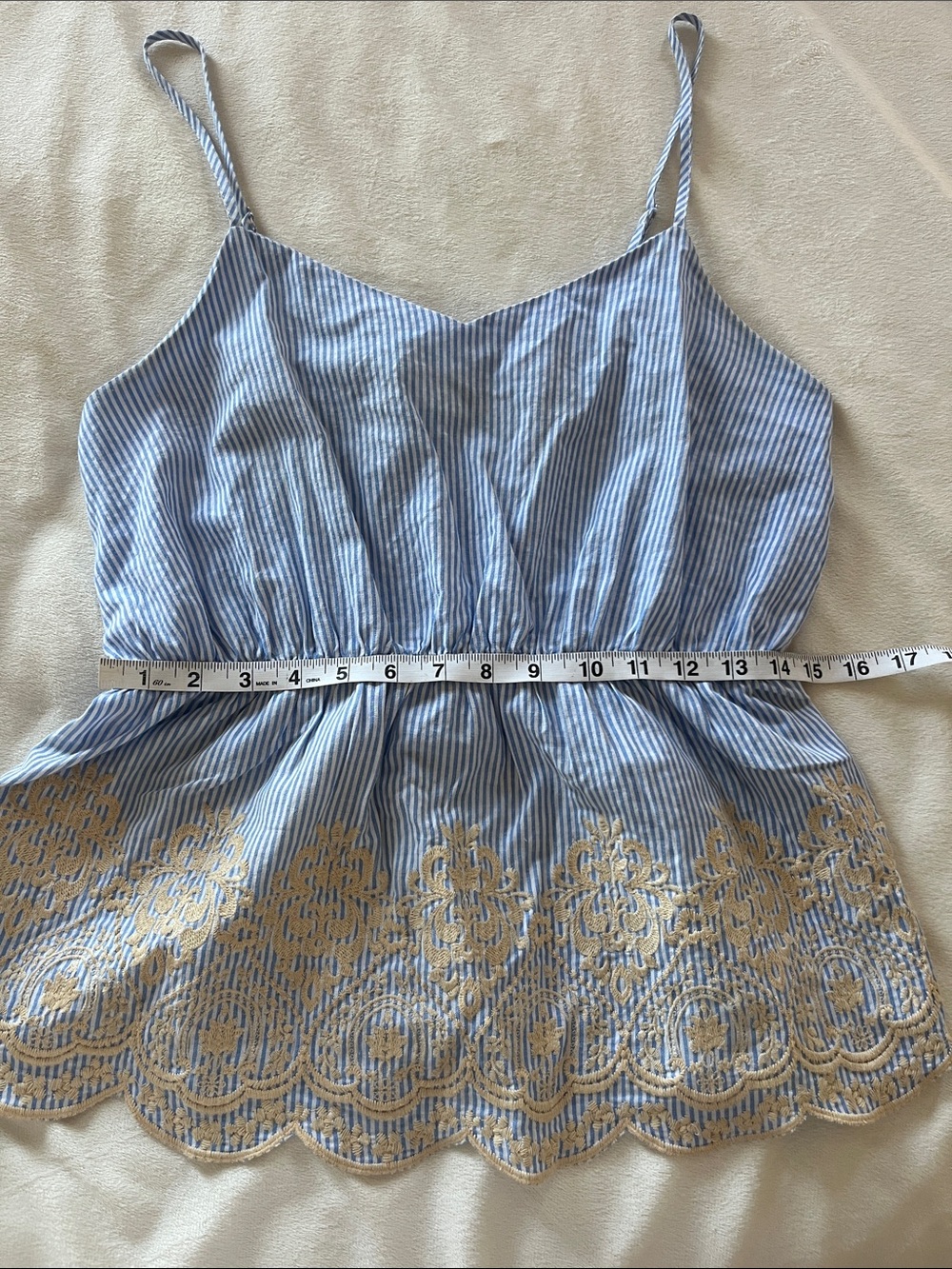 Women’s Blue Striped Embroidered Eyelet Cami Top - Picture 6 of 11